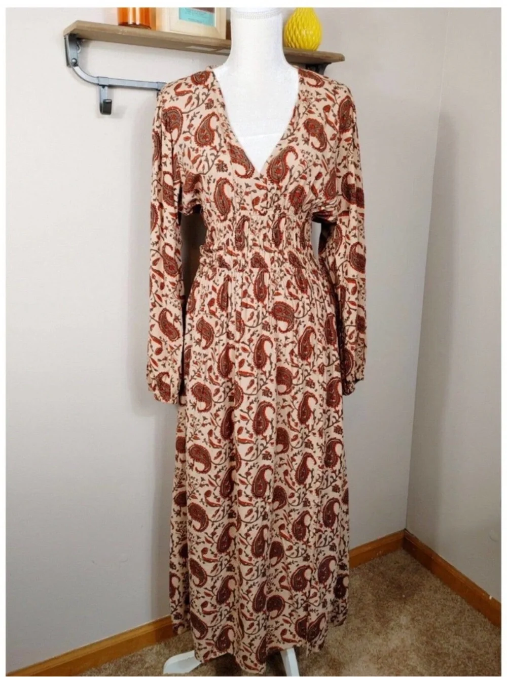 Anthropologie Brown Paisley V-Neck Midi Dress